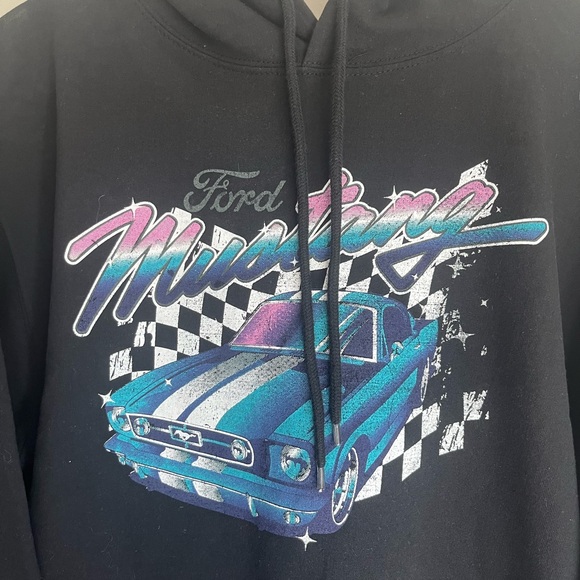 NWOT Ford Mustang Retro Car Graphic Black Sweatshirt Drawstring Hoodie Large - Picture 4 of 4